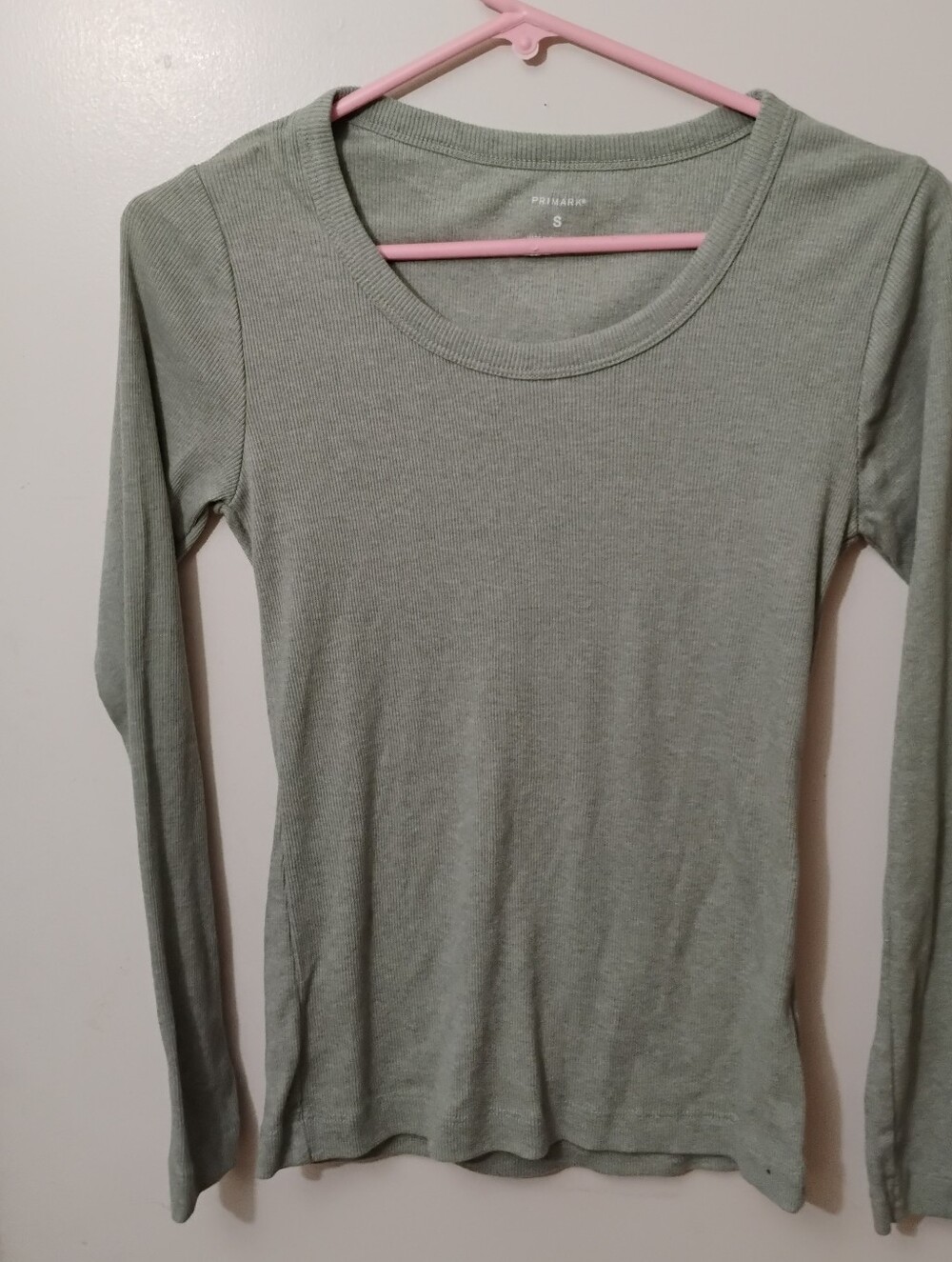 Primark Light Sage Green Ribbed Long Sleeve Scoop Neck Top